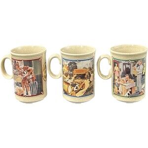 Watkins Almanac stoneware Coffee Mugs made in England 1935, 1936, 1955 Set of 3